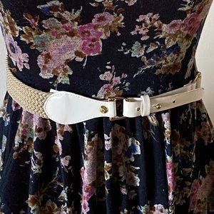 White Leather Gold Hardware Woven Tan Belt S/M